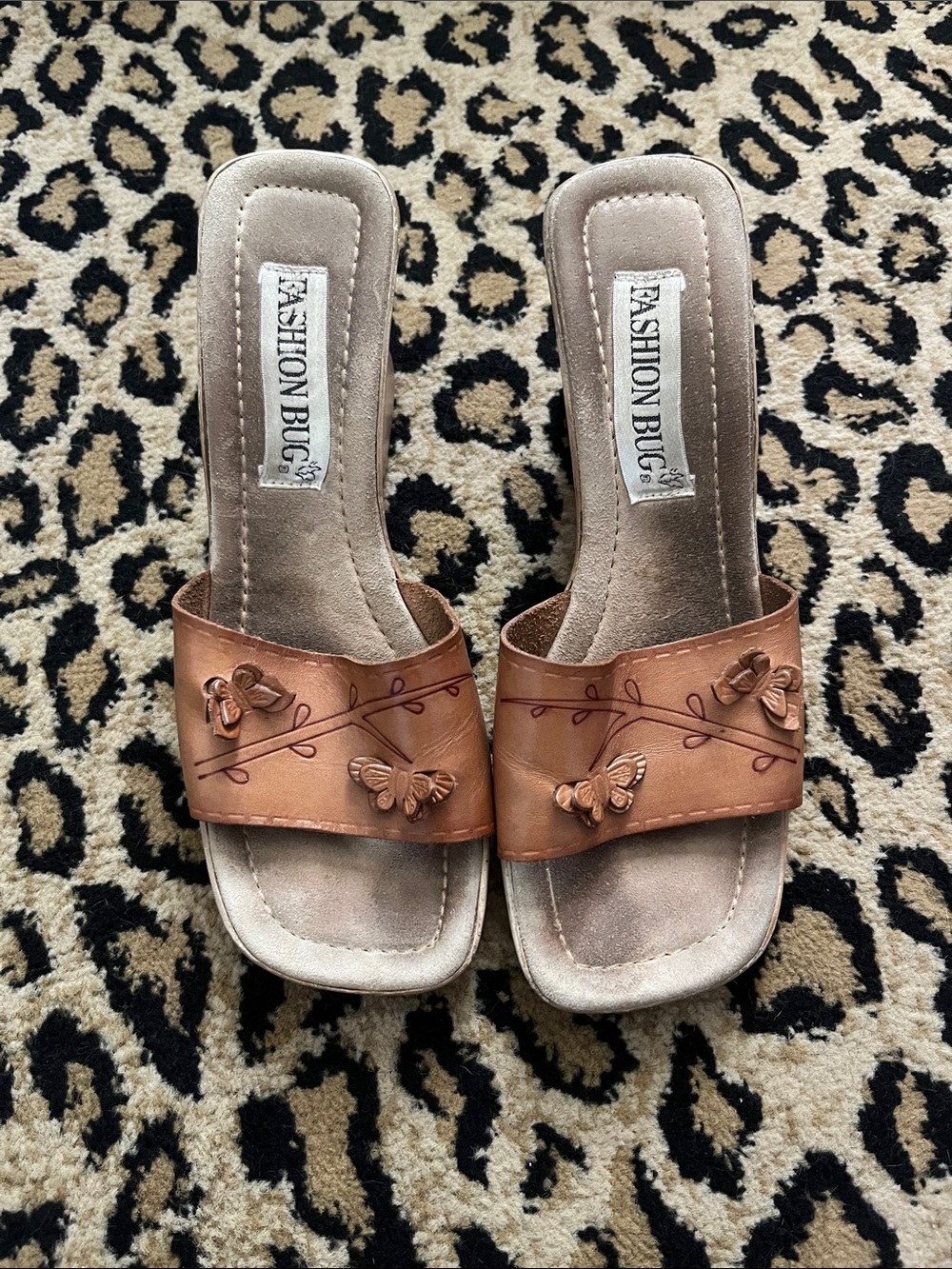 Y2K Fashion Bug Copper-Brown Slide Mules with Butterfly Accents